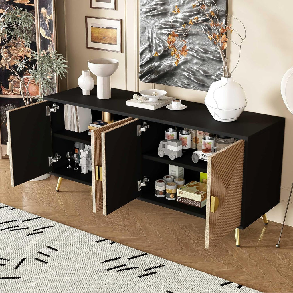 WASAGA Buffet avec Texture en Relief 160 cm, Armoire avec Quatre Portes Poignées Brossées Dorées et Pieds de Table Brillants Noir + Bois