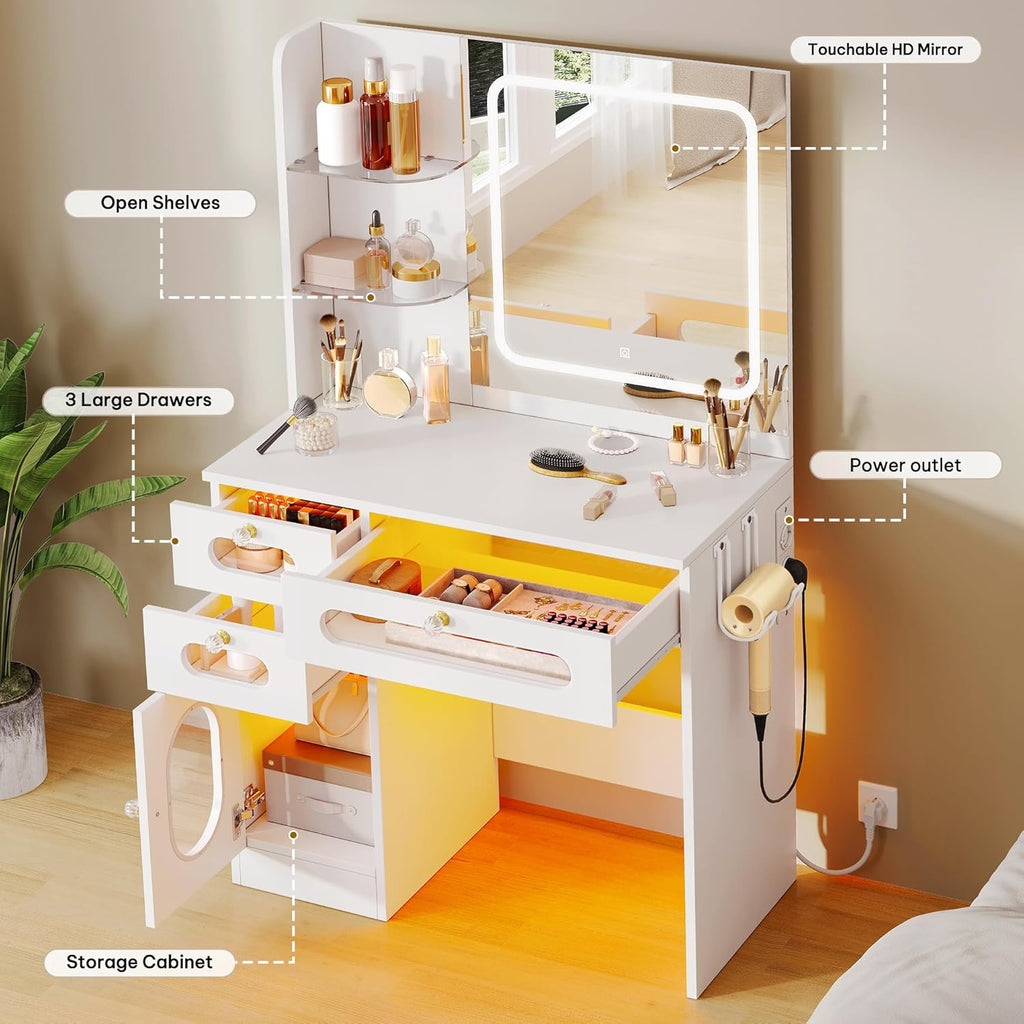 YITAHOME Coiffeuse avec Miroir à LED, 3 tiroirs, 2 étagères, luminosité réglable avec 3 Niveaux d'éclairage, Blanche