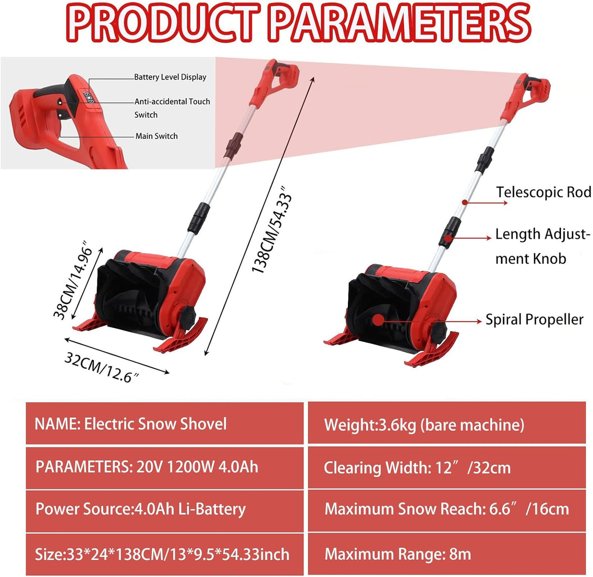 ORIDLECTAL Fraise a Neige Electrique, Deneigeuse avec Moteur 1200W, Batterie 20V 4Ah, Portée de Déneigement 16cm, pour Allées et Escaliers, Déneigement Rapide et Léger