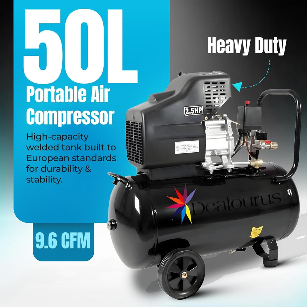 Dealourus Compresseur d'air portable - 9,6 CFM, 2,5 CV - avec kit de 5 outils - 50 L