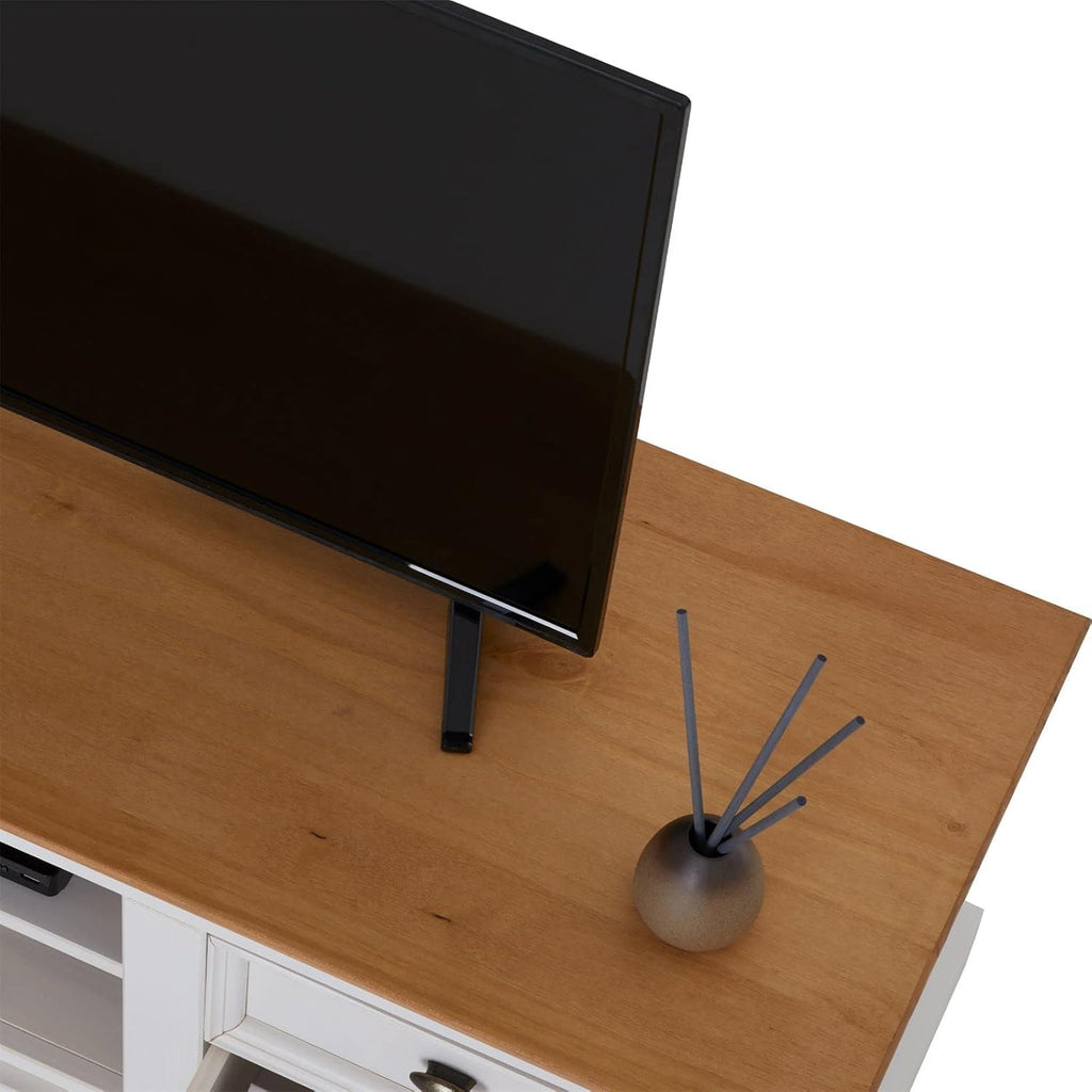 IDIMEX Meuble TV Kent L 144 cm en Bois Massif Blanc et Brun avec Rangement 4 tiroirs et 2 niches pour télévision jusqu'à 60 Pouces 144 x 46 x 45 cm