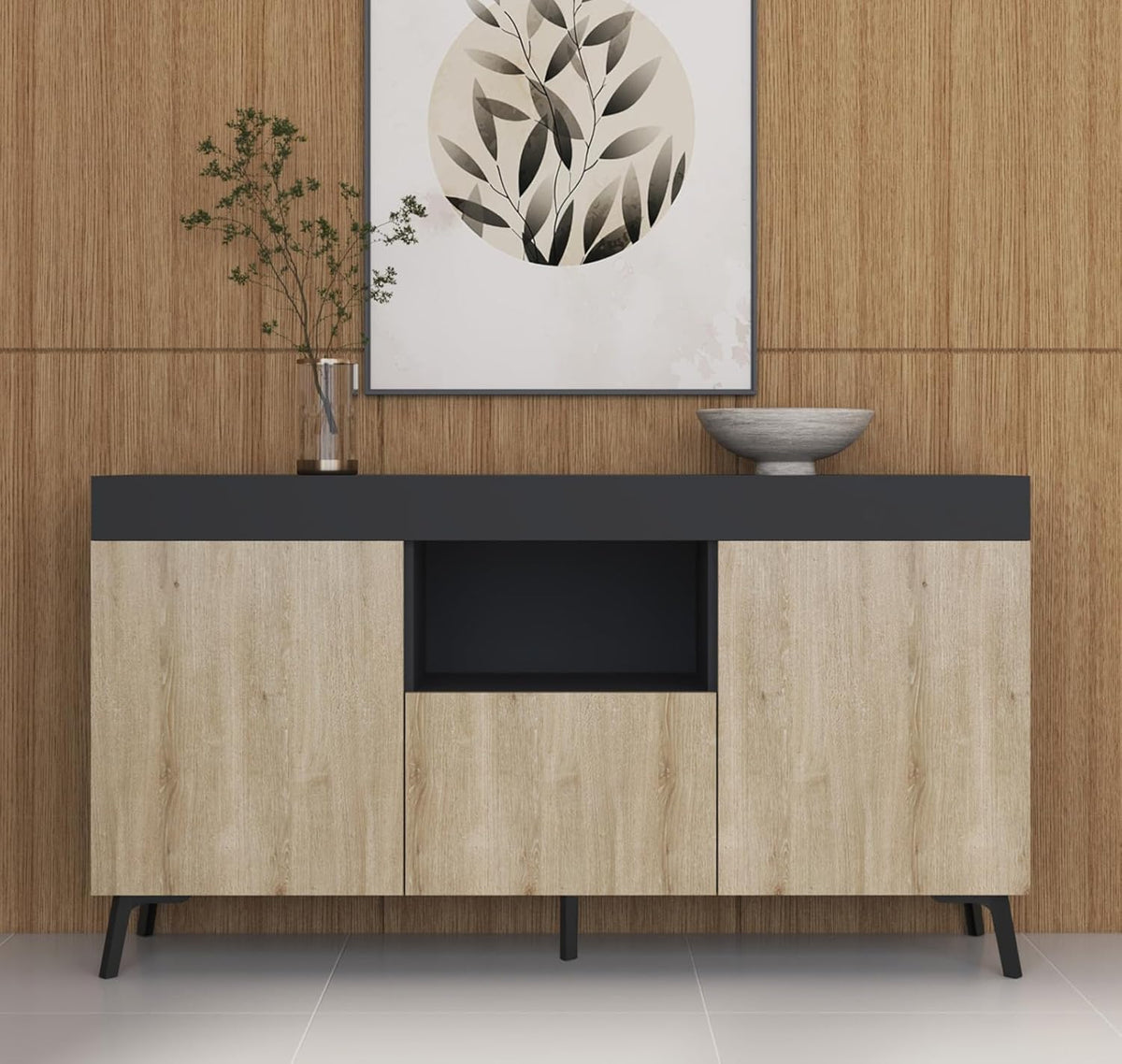 MB Muebles Bonitos, Ensemble de Meubles de Salon Kai avec Buffet et Meuble TV, Design Moderne, Mélamine Mate, Couleur Noir et Sonoma
