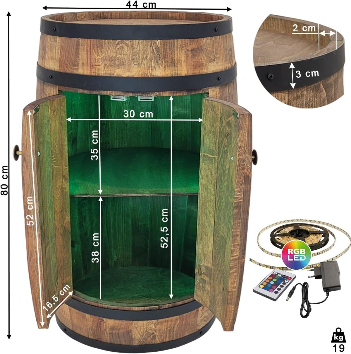weeco Tonneau en Bois avec LED RGB et Deux Étagères – Mini Bar avec Portes – Couleur Wenge, Brun Foncé – Dimensions 80x50cm