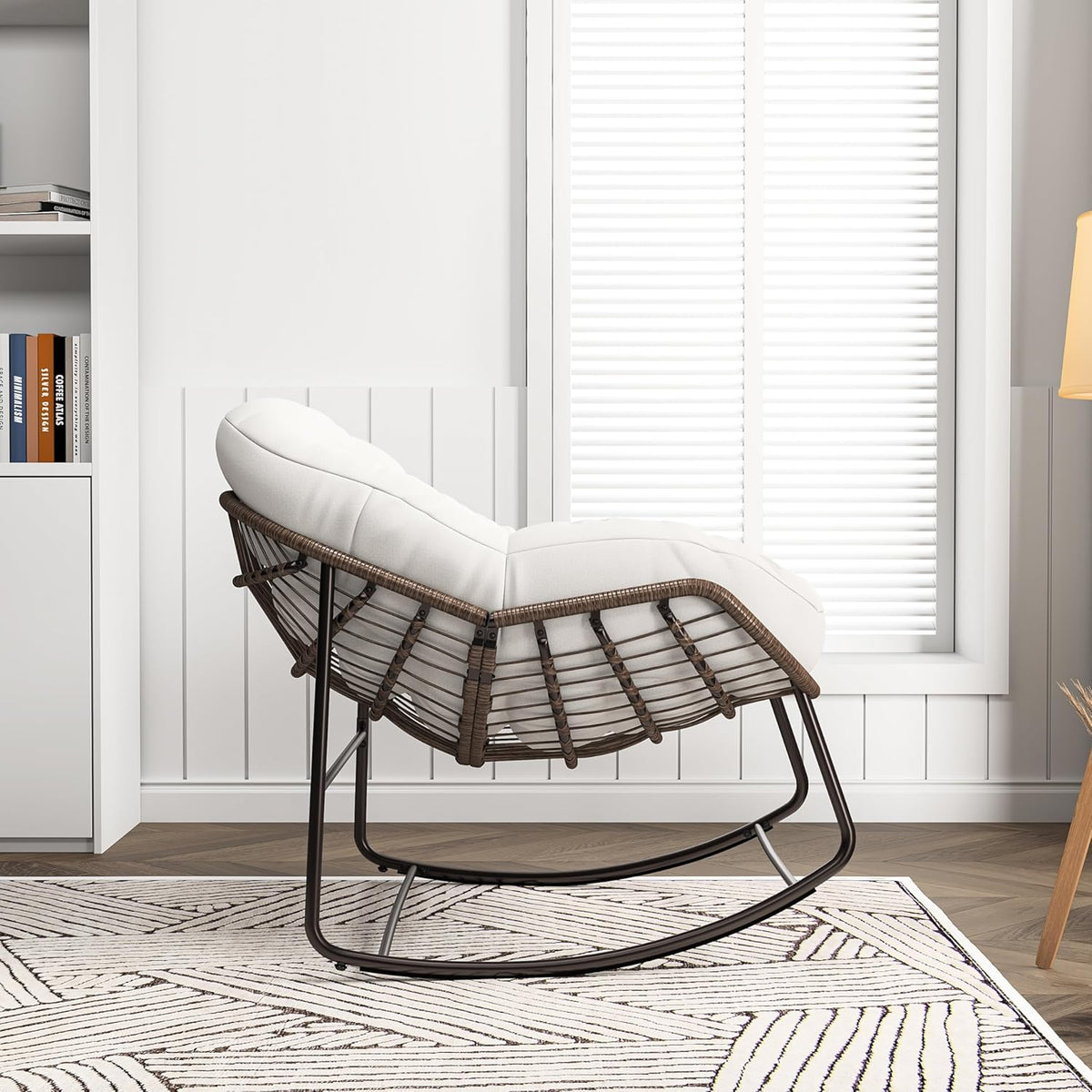 belupai Fauteuil à bascule en forme d'œuf en osier, jardin à bascule en rotin avec rembourré, chaise d'allaitement, cadre en métal, pour extérieur et intérieur, jusqu'à 113 kg beige