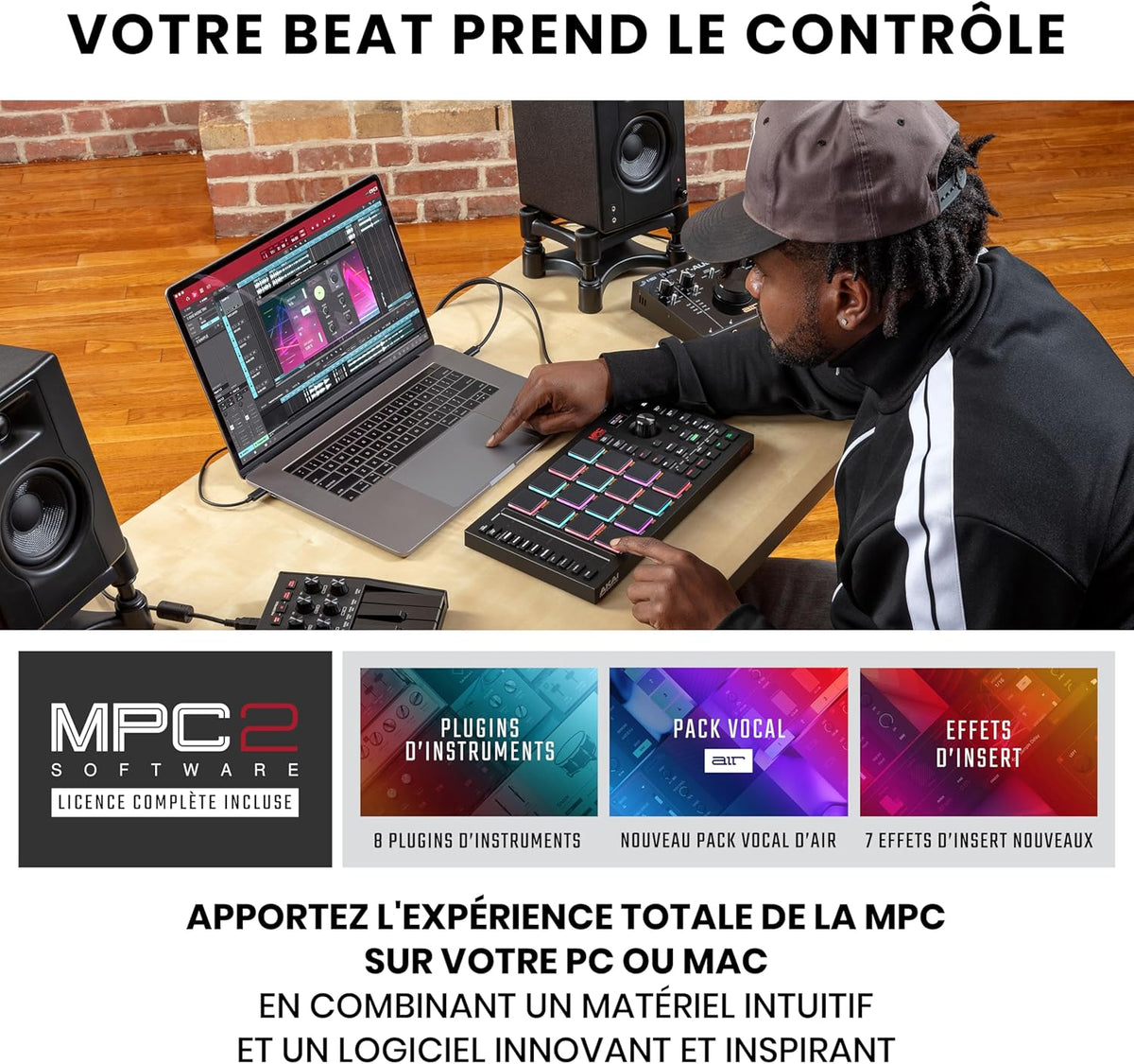Akai Professional MPC Studio - Contrôleur MIDI Beat Maker avec 16 pads RVB sensibles à la vélocité, logiciel MPC, Touch Strip assignable et écran LCD