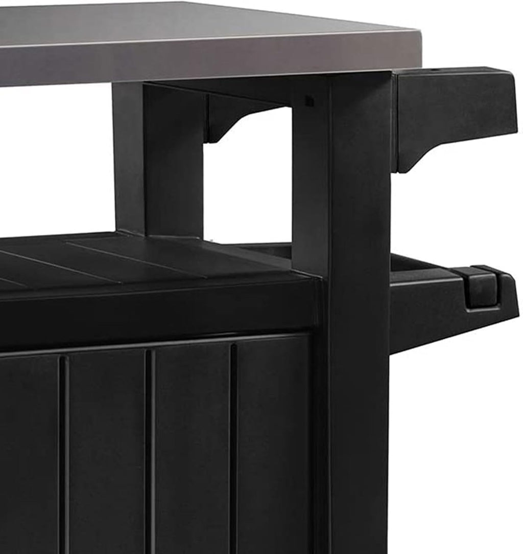 Keter Unity Chariot de table portable résistant aux intempéries avec comptoir en acier inoxydable, crochets de rangement et barres latérales, gris