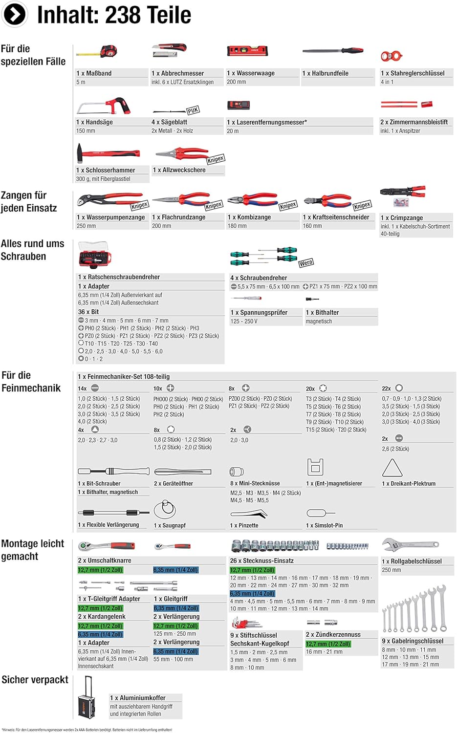 Meister 8973770 Tool Boîte à outils professionnelle remplie de qualité Knipex et Wera, manche télescopique sur roues