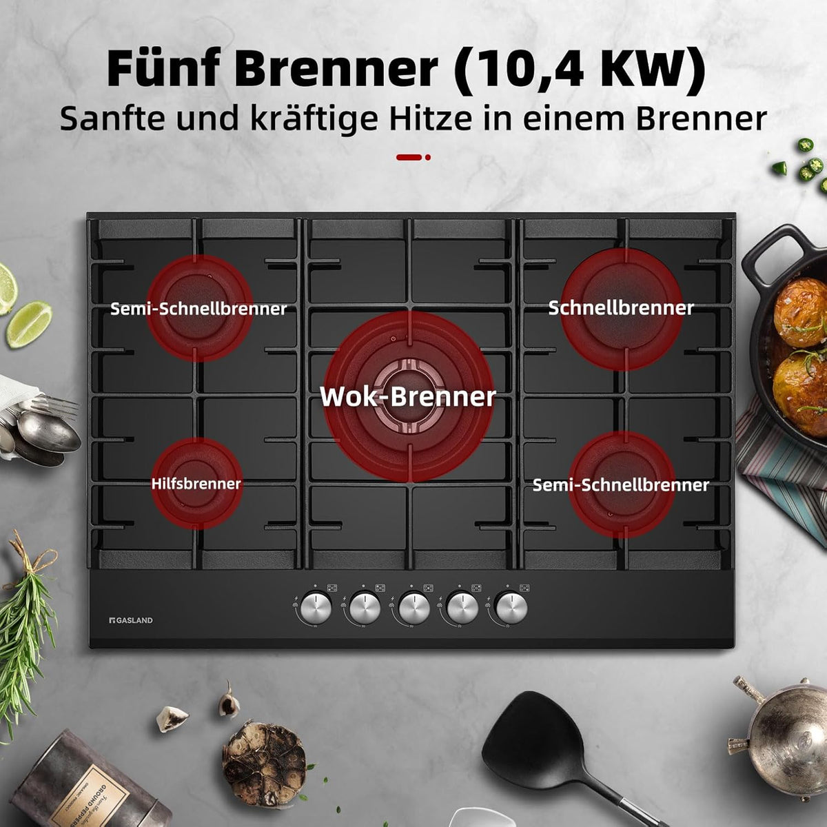 GASLAND GH2805BG1FC Table de cuisson à gaz 5 feux, avec brûleur wok, encastrable, 76cm noir, cuisinière à gaz en verre, 10.4KW, GPL/NG