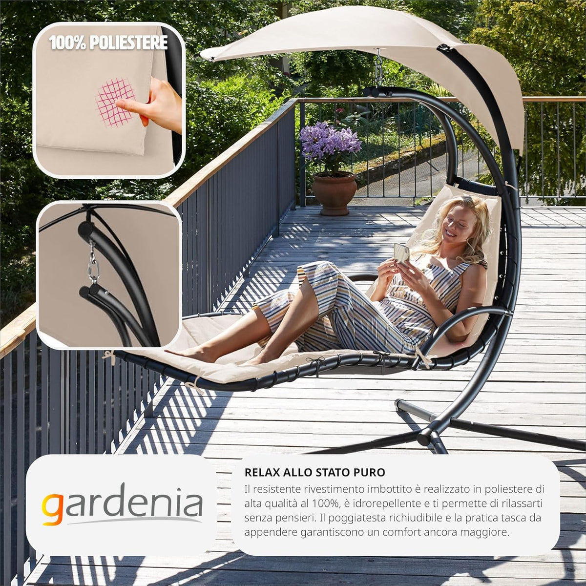 Gardenia Hamac Fauteuil Chaise Longue Suspendue à Bascule avec Pare-Soleil Kelly Beige