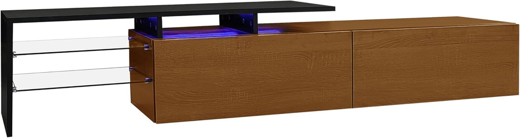 Meuble TV aspect bois naturel 170 cm avec éclairage LED 16 couleurs étagères en verre pour TV jusqu'à 75"