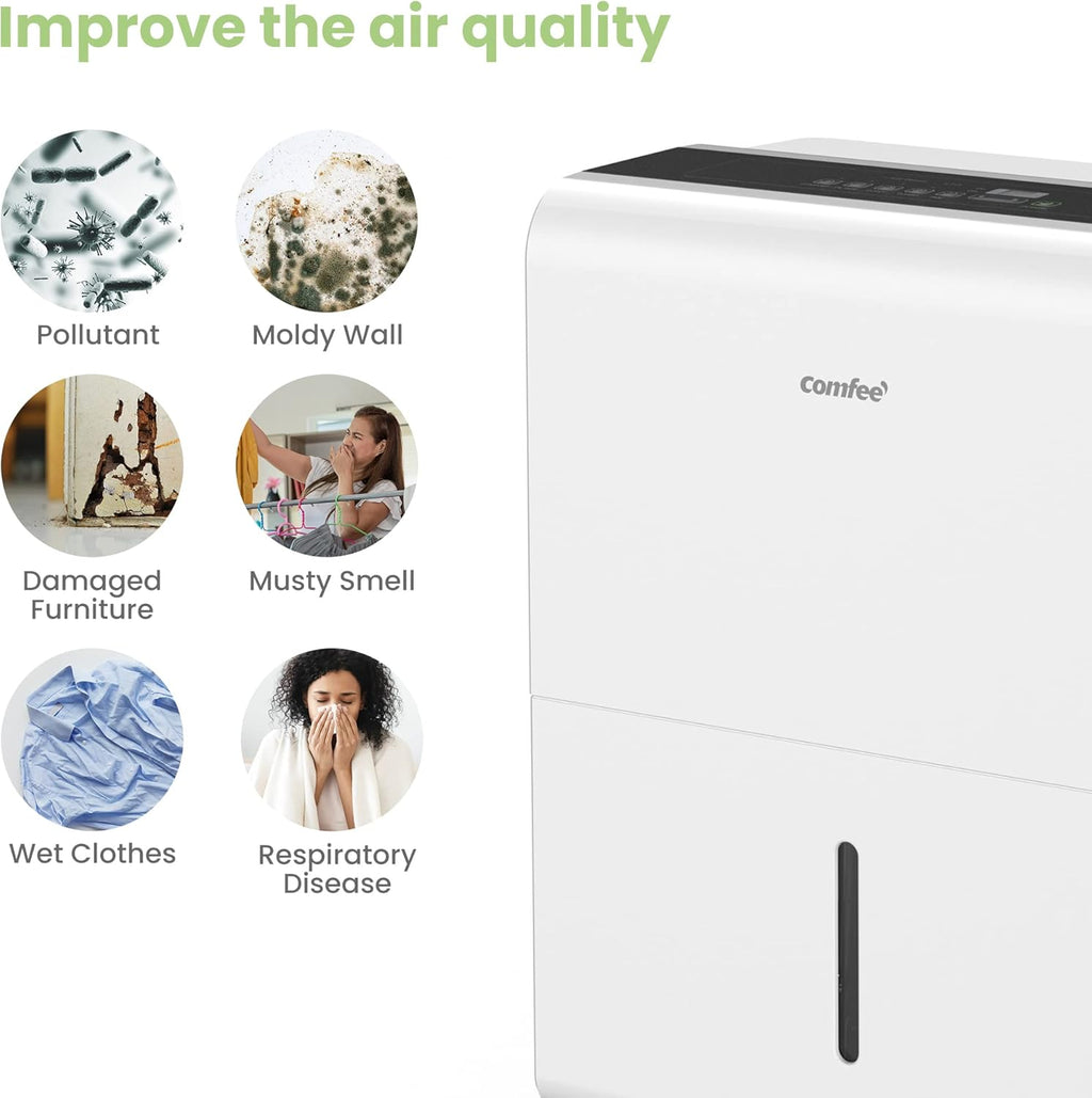 Déshumidificateur 50L/jour, 4 Modes, Mode Intelligent, Sèche-linge, Minuterie 24H,Grand Réservoir 6L, Drainage continu, Pour pièce de 100m²/250m³, MDDP-50DEN7, Garage, Sous-sol