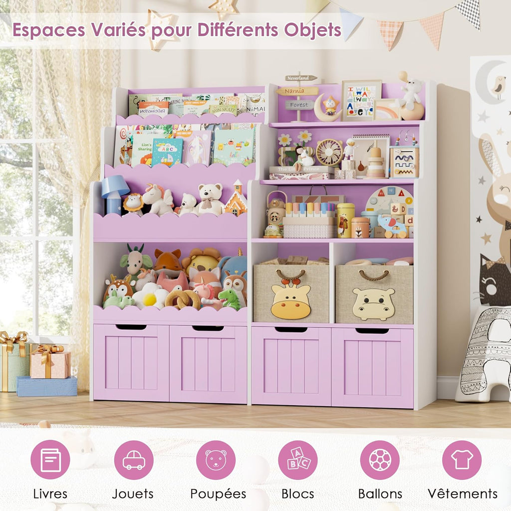FOREHILL Meuble Rangement Enfant Bibliothèque Enfant avec 4 Boîtes Amovibles 9 Étagères Rangement Jouet pour Chambre d’Enfants Salle de Jeu 125x40x120 cm Couleur Lavande