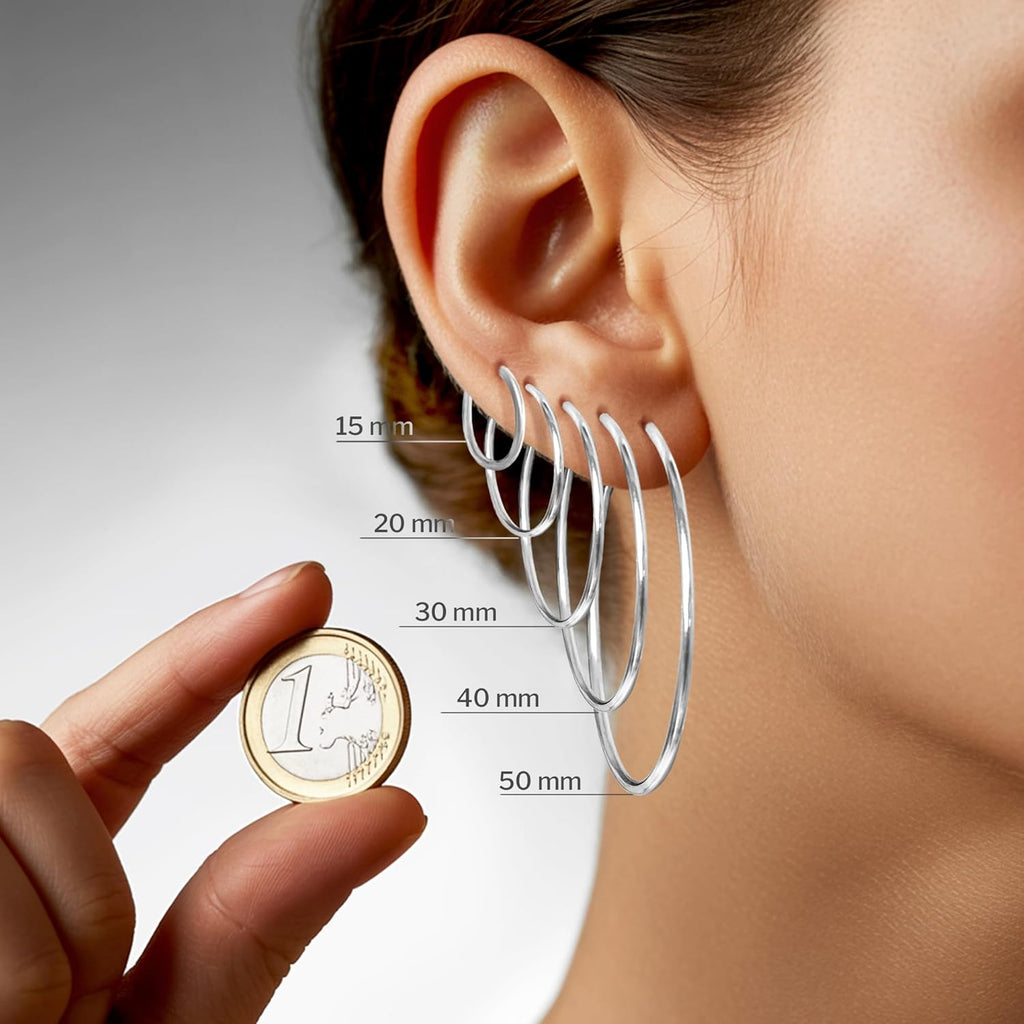 Boucles D'Oreilles Rondes Classiques Or Blanc 585/1000 Petites Créoles pour Femme - Diamètre 20 mm, Largeur 2 mm