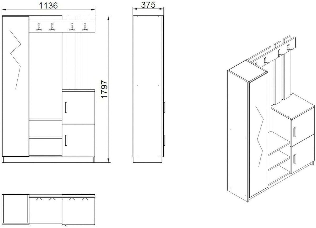 Dmora - Meuble d'entrée Australis, Crochet d'entrée, Composition pour l'atrium, Console de Rangement Multifonction, 114x38h180 cm, Chêne et Blanc