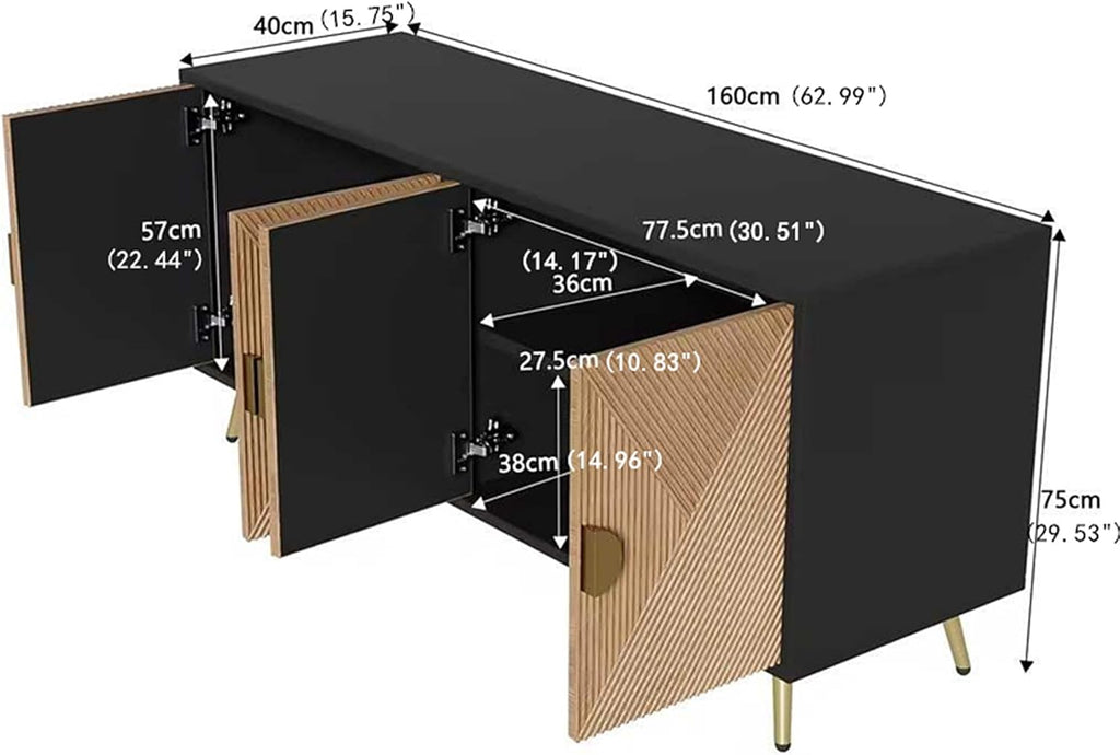WASAGA Buffet avec Texture en Relief 160 cm, Armoire avec Quatre Portes Poignées Brossées Dorées et Pieds de Table Brillants Noir + Bois