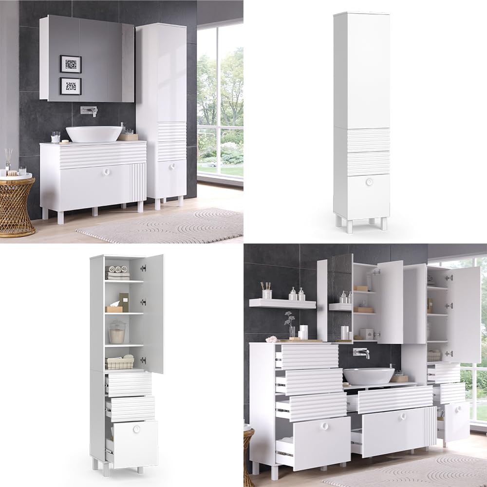 Vicco Meuble de Rangement de Salle de Bain Sola, Blanc, 40.2 x 192.4 cm avec Porte et tiroirs