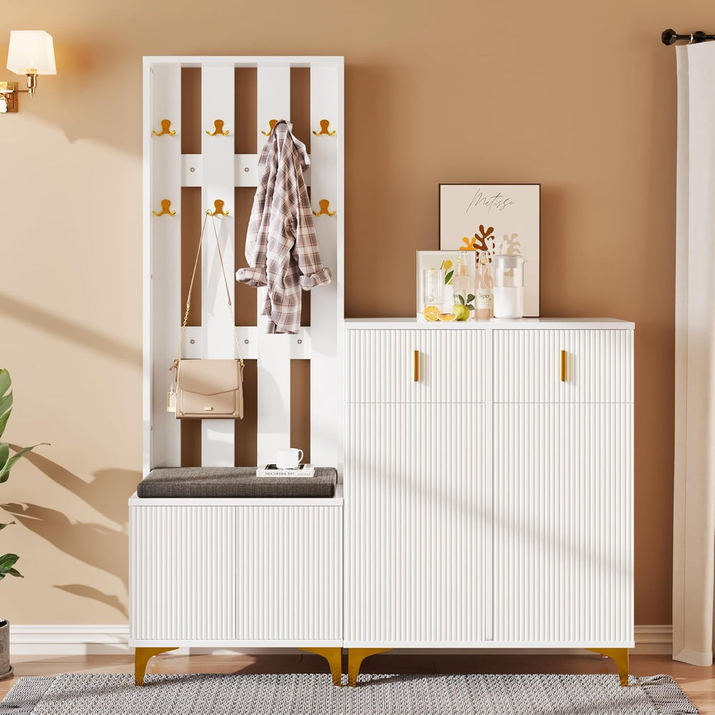 Merax Ensembles de Meubles pour Entrée, Moderne Meuble Entree Couloir avec Meuble à Chaussures et Coussins, Blanc