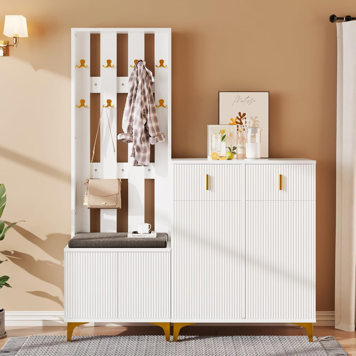 Merax Ensembles de Meubles pour Entrée, Moderne Meuble Entree Couloir avec Meuble à Chaussures et Coussins, Blanc
