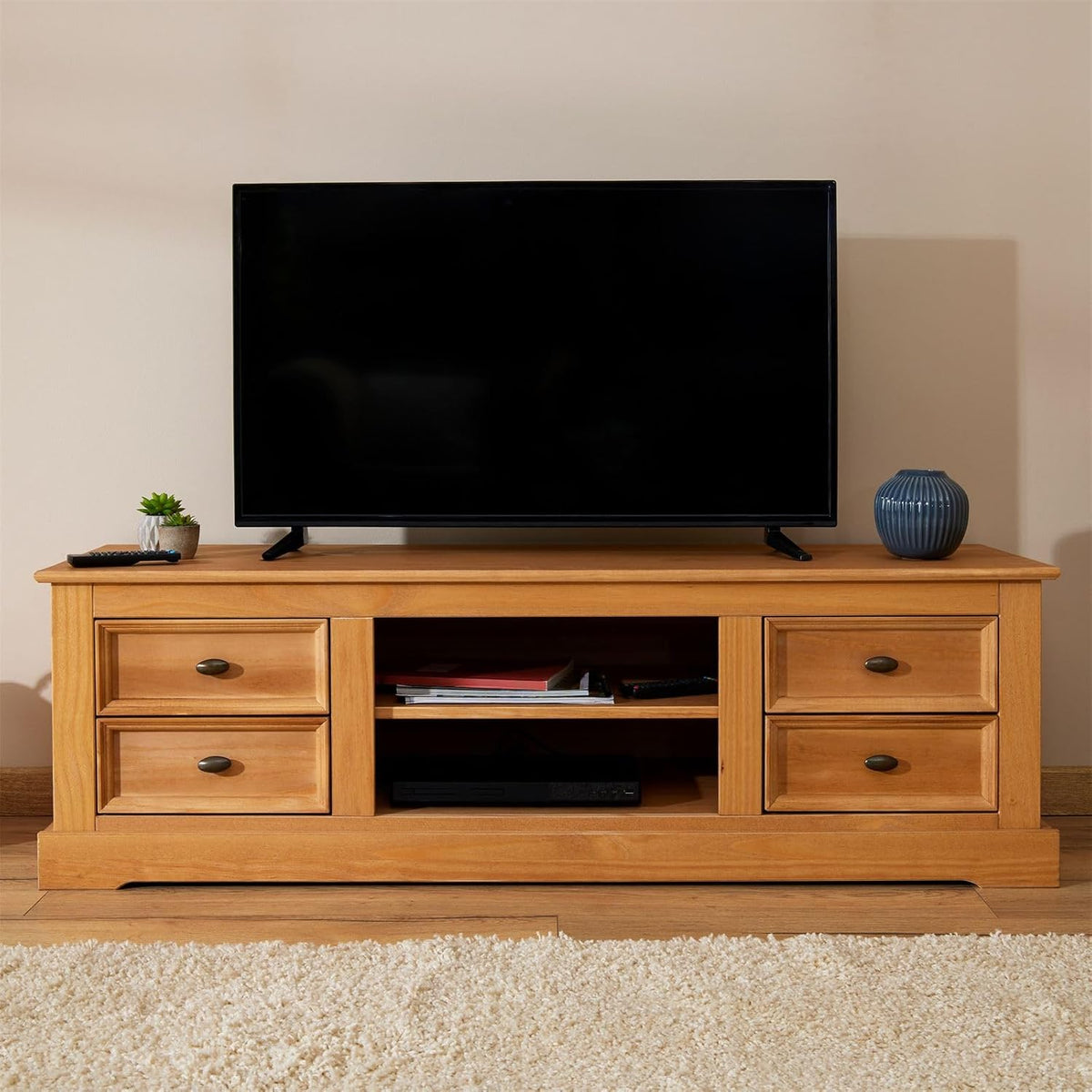 IDIMEX Meuble TV Kent Banc télévision en pin Massif Finition cirée 144 x 46 x 45 cm, avec 4 tiroirs et 2 niches