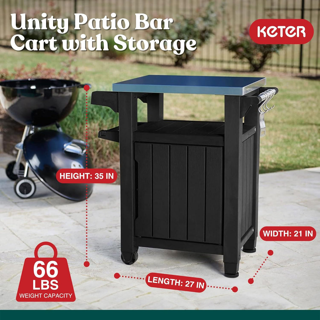 Keter Unity Chariot de table portable résistant aux intempéries avec comptoir en acier inoxydable, crochets de rangement et barres latérales, gris