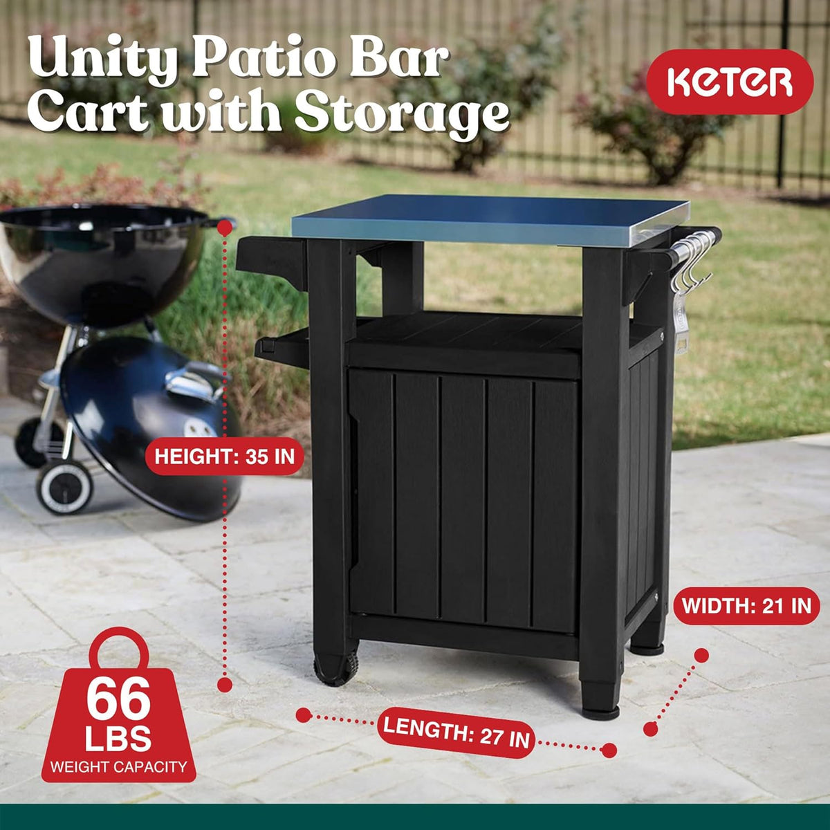 Keter Unity Chariot de table portable résistant aux intempéries avec comptoir en acier inoxydable, crochets de rangement et barres latérales, gris