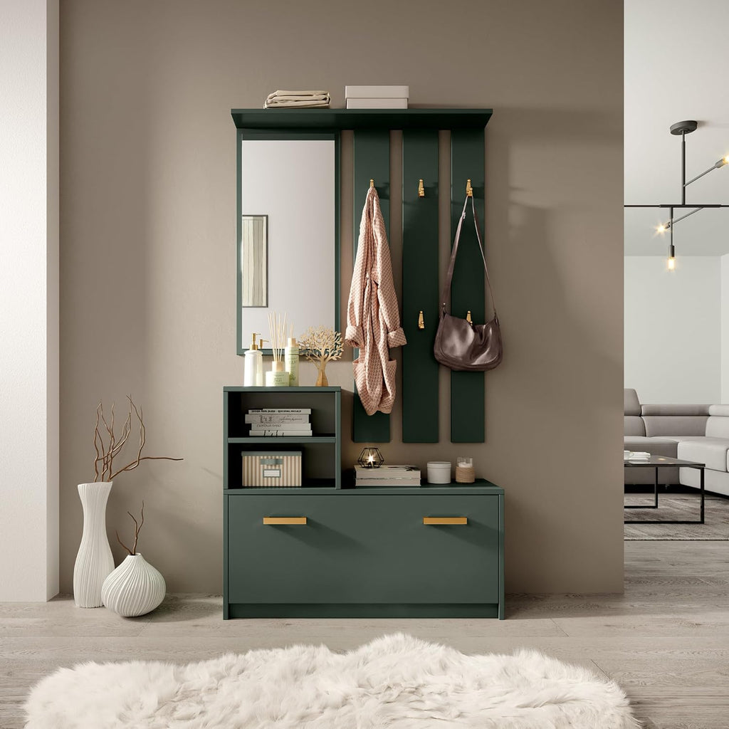 Meuble d'entrée/Vestiaire YESFIR - 85 cm - Vert Bouteille - Meuble à Chaussures - portemanteau - Miroir