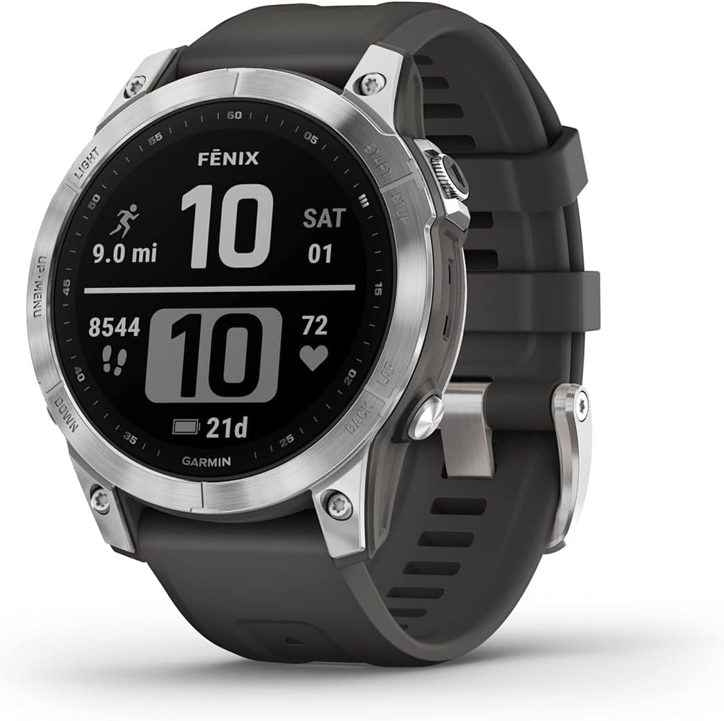 Fenix 7 - Montres GPS Multisports connectée Haute Performance - Silver avec Bracelet Gris - Boitier 47mm (Reconditionné)