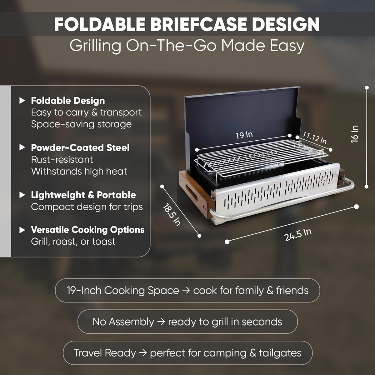 GasOne Barbecue à charbon portable - 62,2 x 47 cm - Pliable - Avec couvercle - Fumoir à charbon léger et compact pour camping, jardin, plage, arrière-cour - Pas de montage