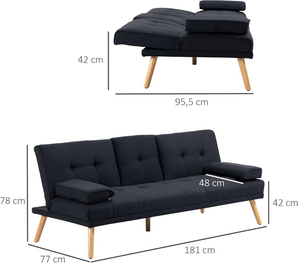 HOMCOM Canapé Convertible 3 Places, canapé-lit rembourré avec Dossier réglable 3 Niveaux, 2 Coussins et 2 Porte-gobelets intégrés, Tissu de Lin, pour Salon, Chambre d'amis, Petit Espace, Gris