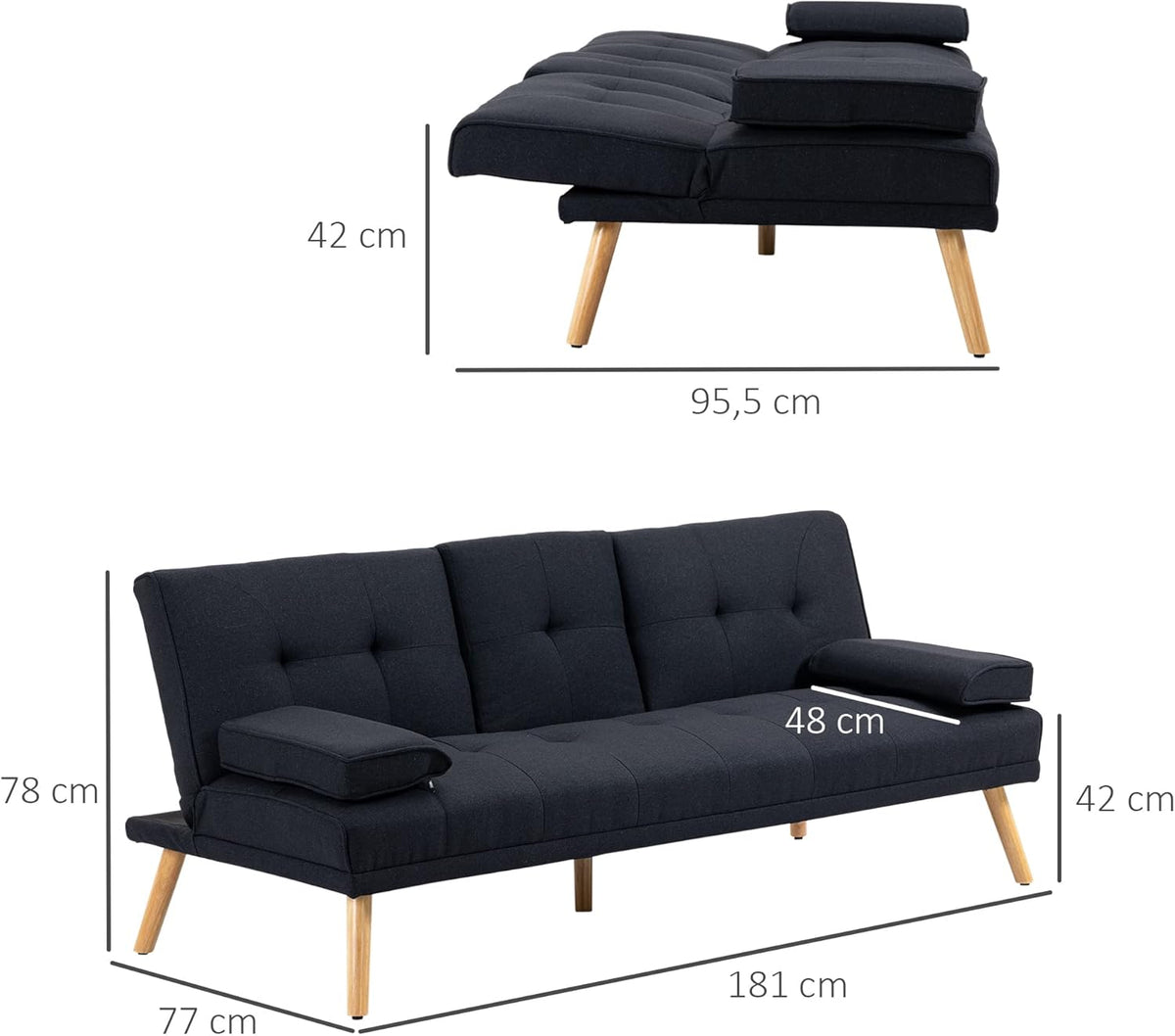 HOMCOM Canapé Convertible 3 Places, canapé-lit rembourré avec Dossier réglable 3 Niveaux, 2 Coussins et 2 Porte-gobelets intégrés, Tissu de Lin, pour Salon, Chambre d'amis, Petit Espace, Gris
