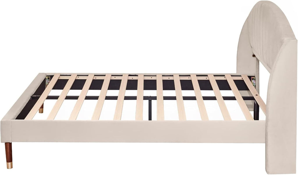 KOMHTOM Lit Double Rembourré en Velours avec Tête de lit, Lit Plateforme pour Adolescents et Adultes,Chambre à Coucher sans Matelas Beige, 160 x 200cm