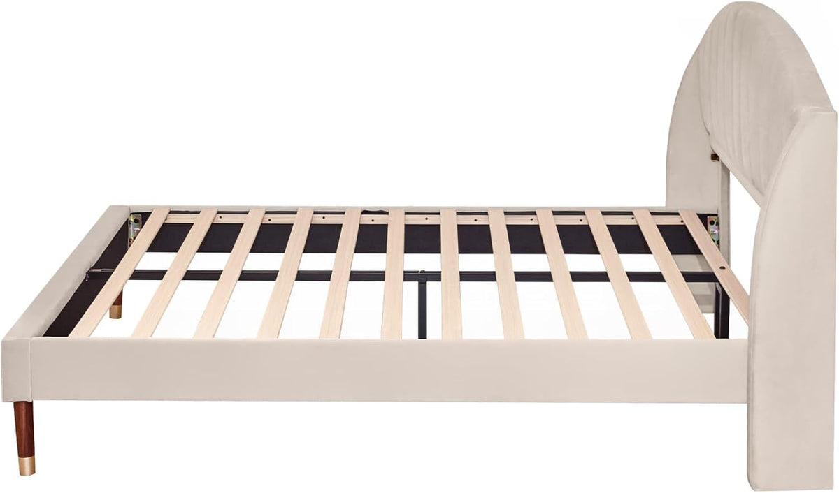 KOMHTOM Lit Double Rembourré en Velours avec Tête de lit, Lit Plateforme pour Adolescents et Adultes,Chambre à Coucher sans Matelas Beige, 160 x 200cm