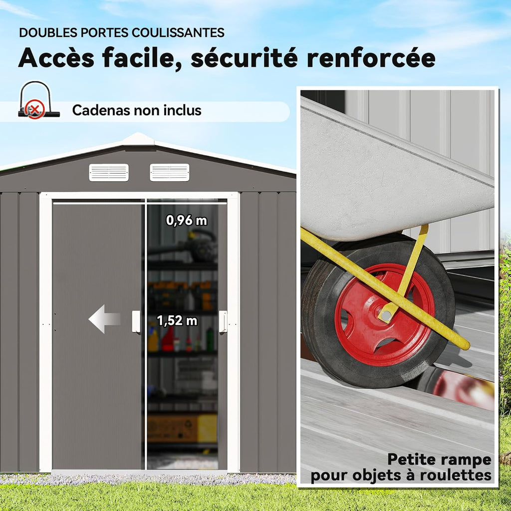 Outsunny Abri de Jardin en métal 5,4 m² cabane de Jardin 277 x 195 x 192 cm cabanon Rangement Outils avec kit de Fondation, Porte coulissante verrouillables et 4 aérations - Gris