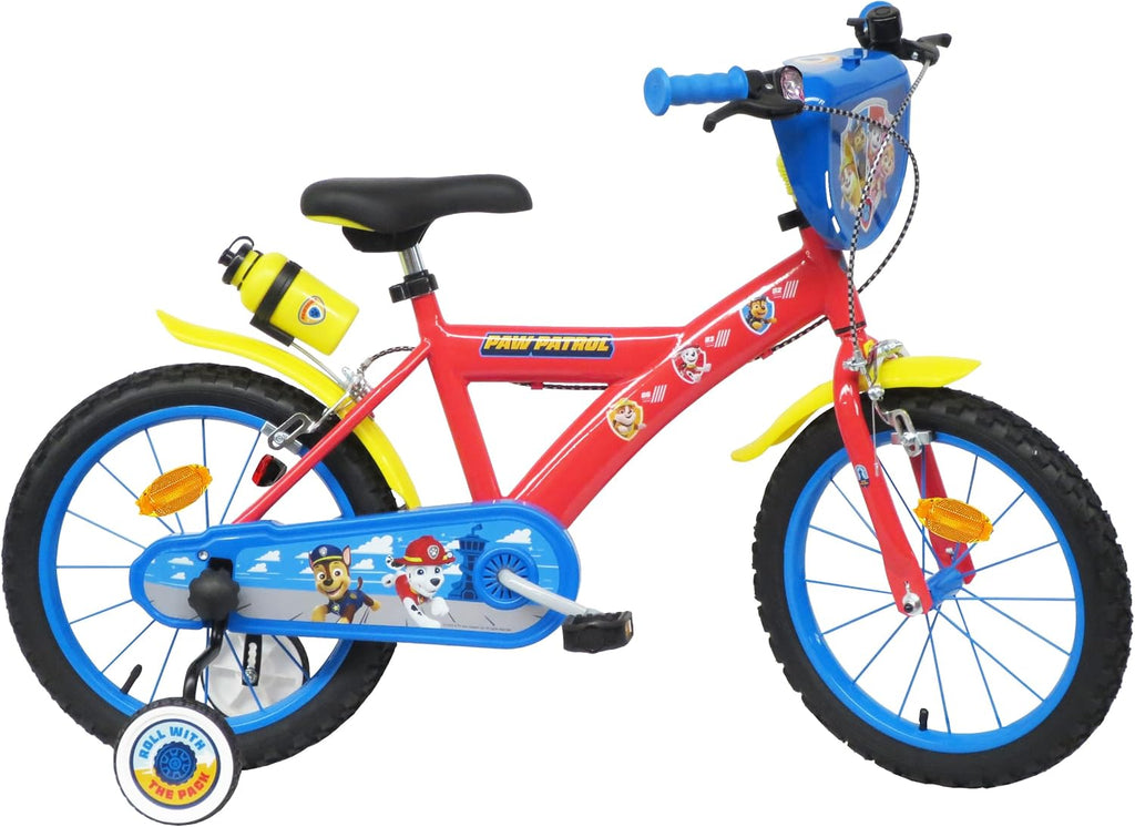 Vélo Enfant 16" Pat Patrouille équipé de 2 Freins, Bidon/Porte Bidon Garde Boues, Plaque Avant, stabilisateurs Amovibles + Casque Pat Patrouille Inclus !