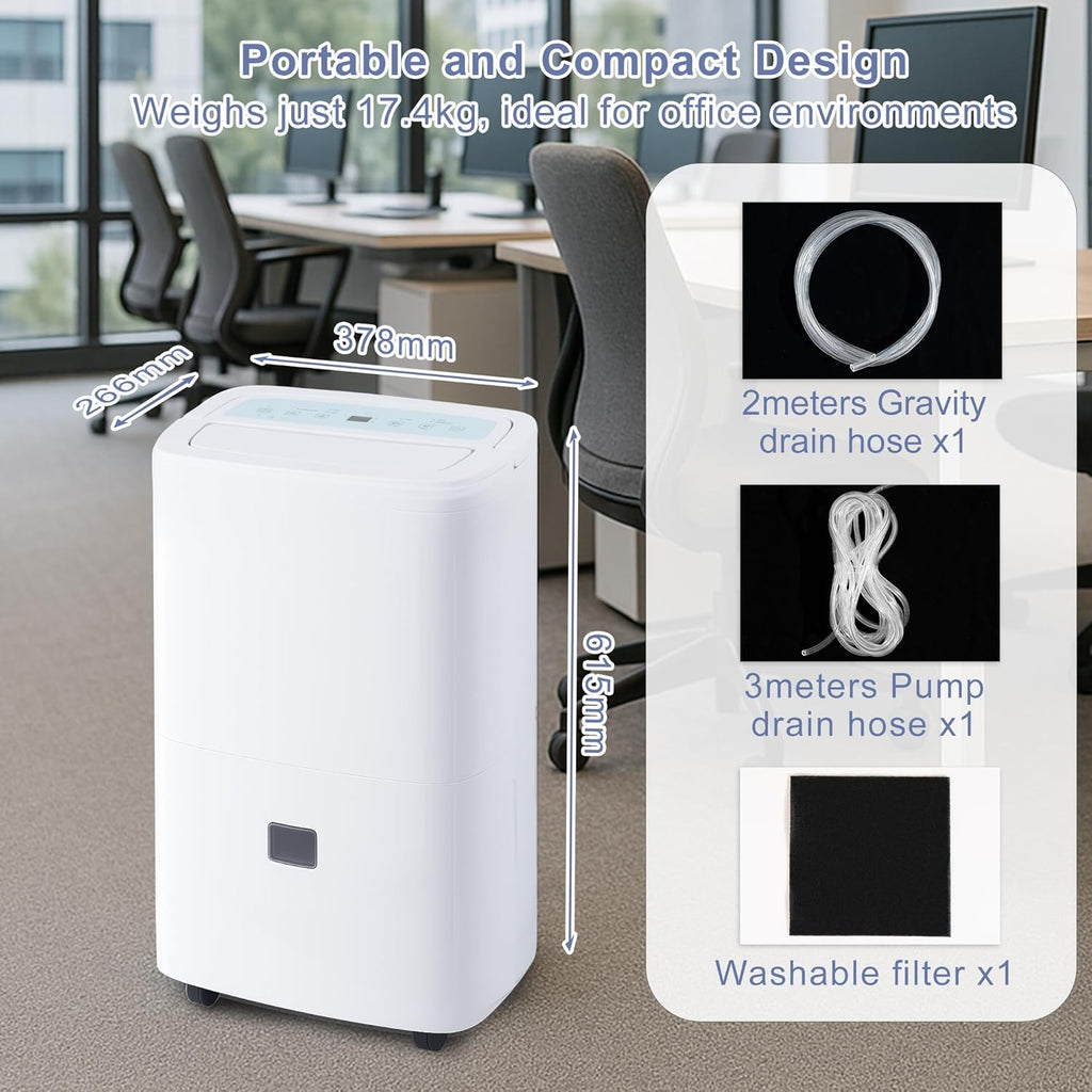 Deshumidificateur d’Air Électrique 90L/Jour Anti-Moisissures avec Pompe Relevage 5m - Silencieux 43dB pour Cave, Chambre, Salle de Bain 240m² | Réservoir 8L, Drainage Continu