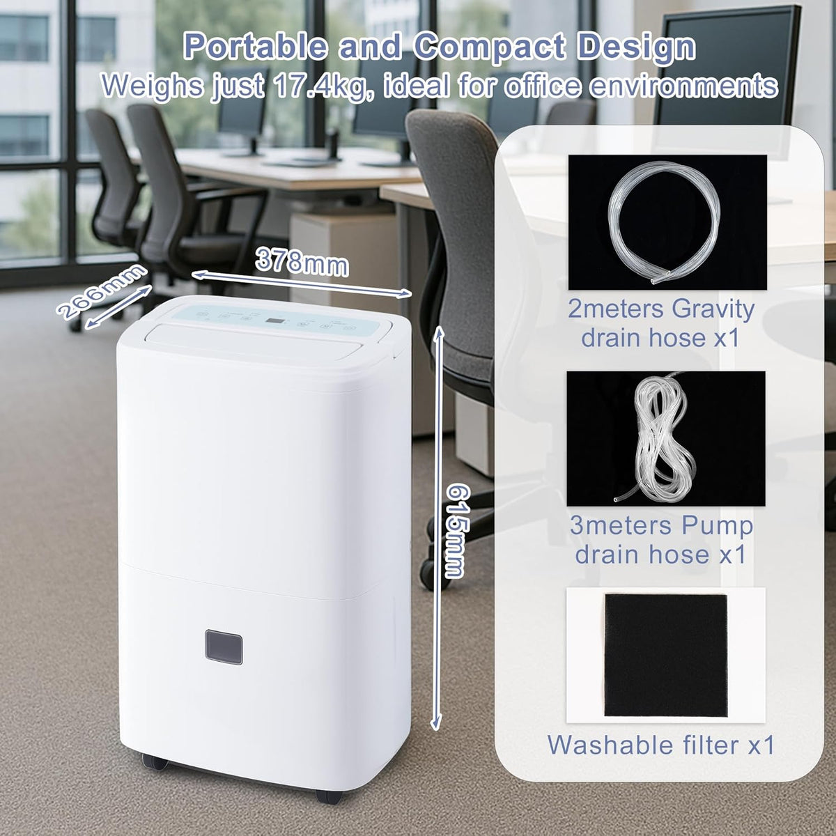 Deshumidificateur d’Air Électrique 90L/Jour Anti-Moisissures avec Pompe Relevage 5m - Silencieux 43dB pour Cave, Chambre, Salle de Bain 240m² | Réservoir 8L, Drainage Continu