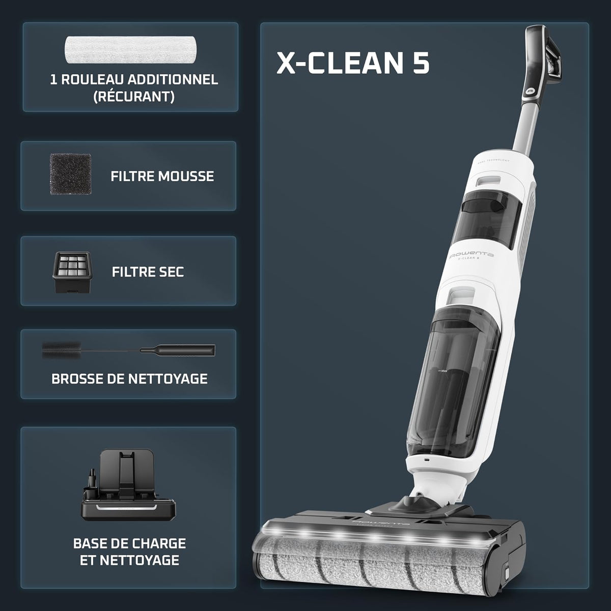 Rowenta X-Clean5, Aspirateur Laveur sans Fil, Nettoyage 2-en-1, Mode de détection Auto, Éclairage LED, Auto-Nettoyage, Séchage air Chaud, GZ5557EE, Blanc/Noir