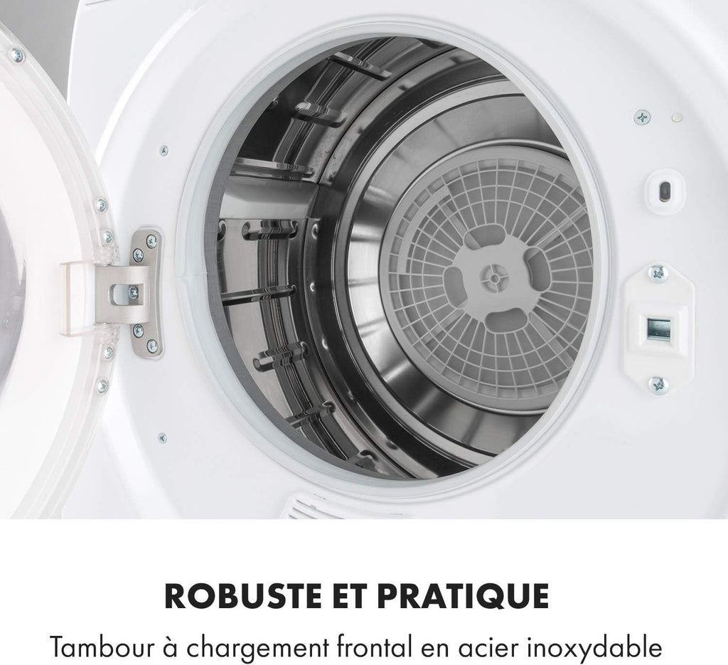 KLARSTEIN Jet Set 2500 - sèche-linge, par extraction, chargeur frontal, 850 W, pose libre/encastré, 2,5 kg, élément chauffant PTC, réglable jusqu'à 60 °C, minuterie 20 à 200 mn, compact, blanc