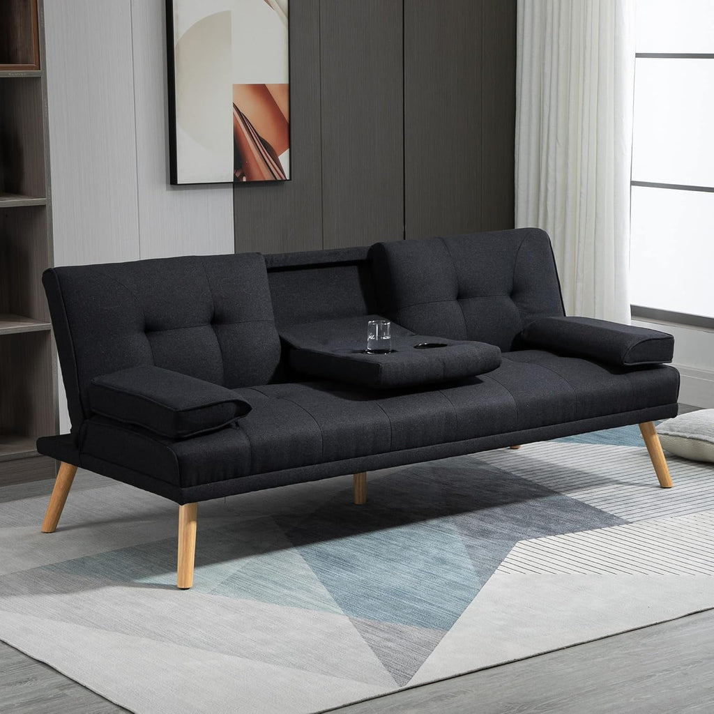 HOMCOM Canapé Convertible 3 Places, canapé-lit rembourré avec Dossier réglable 3 Niveaux, 2 Coussins et 2 Porte-gobelets intégrés, Tissu de Lin, pour Salon, Chambre d'amis, Petit Espace, Gris