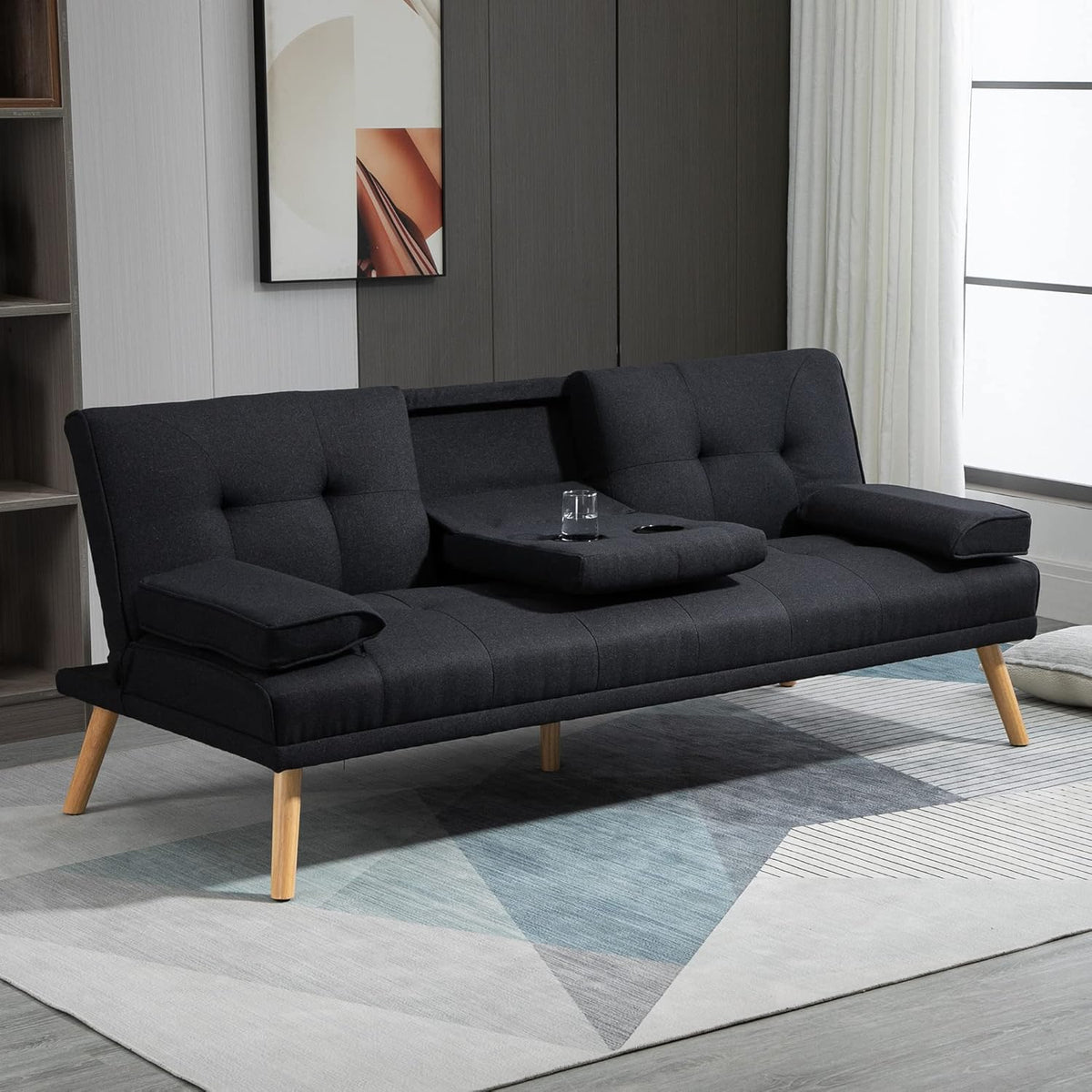 HOMCOM Canapé Convertible 3 Places, canapé-lit rembourré avec Dossier réglable 3 Niveaux, 2 Coussins et 2 Porte-gobelets intégrés, Tissu de Lin, pour Salon, Chambre d'amis, Petit Espace, Gris