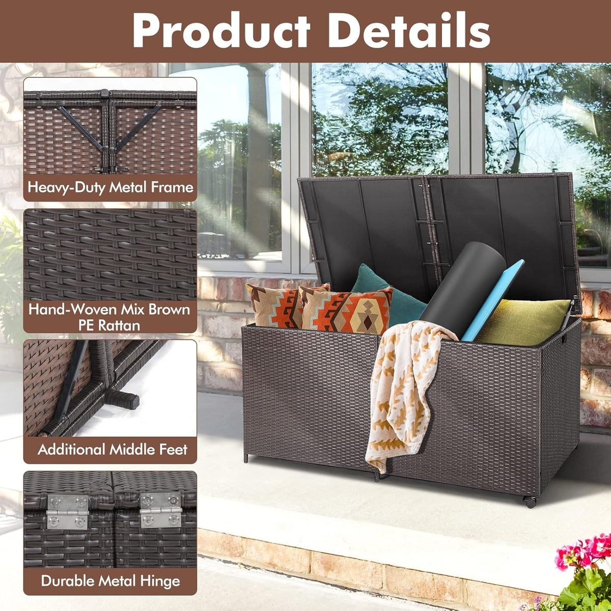 GIANTEX Coffre de Rangement en Rotin 662 L, Boîte de Rangement Résine avec 2 Roulettes et 2 Vérin à Gaz, Résistant aux Intempéries, 150 x 77 x 73 cm