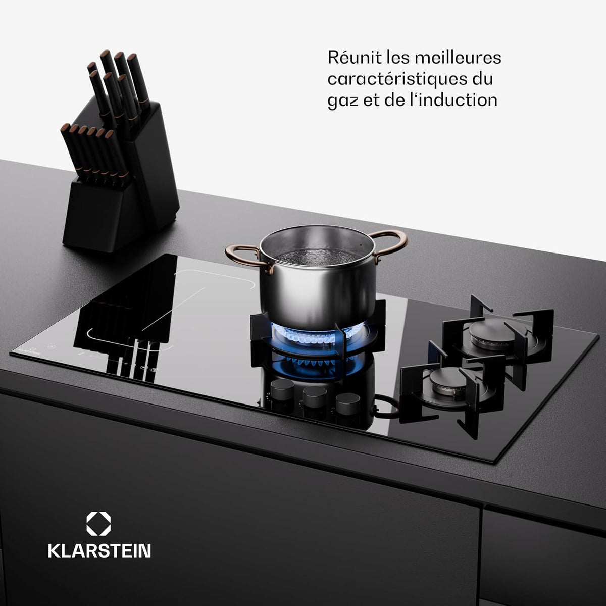 Klarstein MultiChef 5 Plaque Induction Et Gaz - Table De Cuisson À, 5 Zones, Flexzone, Stop&Go, Minuterie, Supports En Fonte, Noir, 87.5Cm