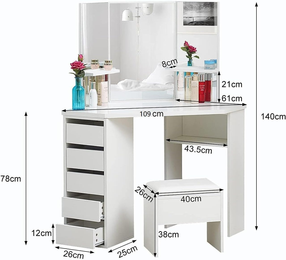 LEMROE Coiffeuse d'angle avec Miroir à LED Réglable, Table de Maquillage avec 5 Tiroirs et Tabouret - Coiffeuse avec 3 Miroirs et Grand Espace de Rangement