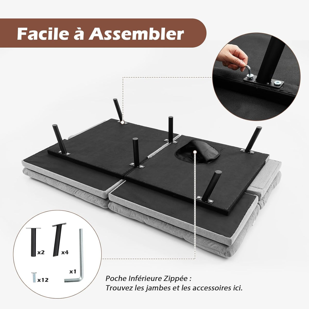 COSTWAY Canapé-Lit Convertible 5 en 1 avec Dossier et Accoudoirs Réglables, Canapé Futon 3 Places en Mousse à Mémoire, Pieds Métalliques, pour Petits Appartements, Salon, Bureau, Charge 273 kg (Gris)