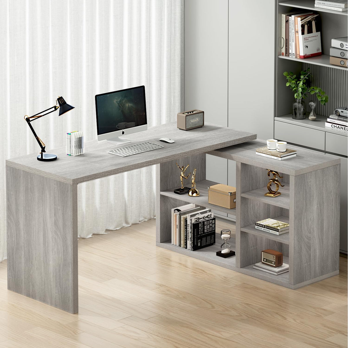 HSH Bureau d'angle gris en forme de L avec étagères de rangement, bureau d'ordinateur réversible en forme de L avec armoire de rangement, bureau d'angle réglable pour PC, écriture, étude, travail, 140