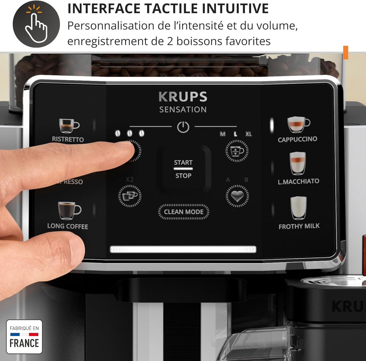 Krups Sensation Lait, Machine à café grains, machine expresso, 6 boissons, Carafe à lait, Cappuccino, Interface tactile, Nettoyage automatique, Silver, EA912E10