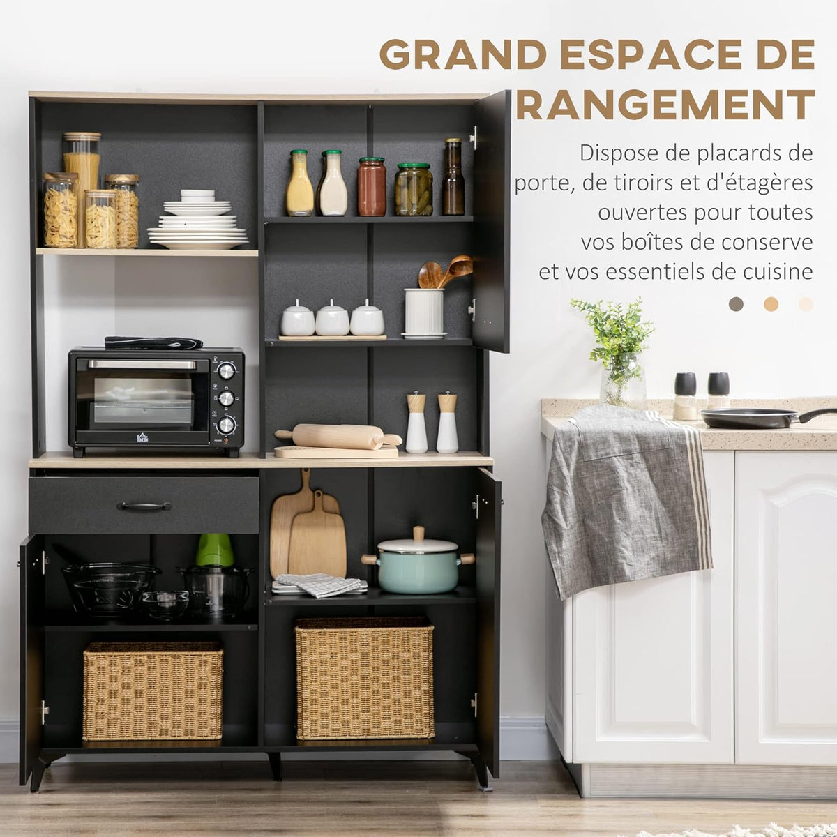 HOMCOM Buffet de Cuisine Armoire de Cuisine Buffet de Salle à Manger 3 niches Ouverts 3 placards avec Porte et 1 tiroir 119 x 41 x 180 cm Noir