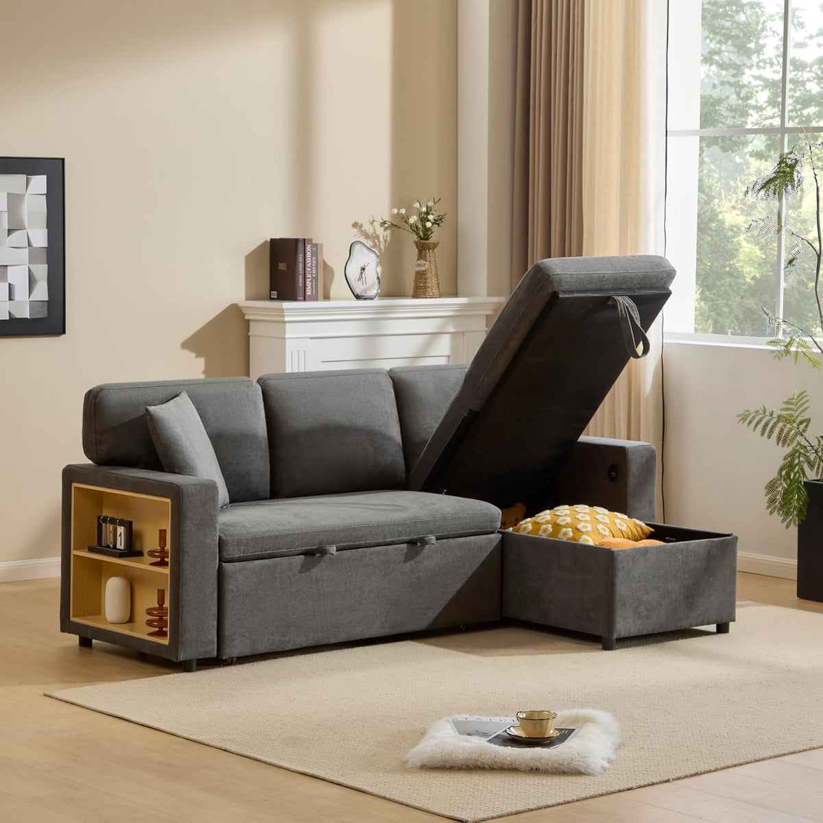 Canapé convertible 3 places en forme de L avec USB et étagère intégrée, meubles rembourrés, convertible avec tiroir de lit, meuble de salon, gris foncé