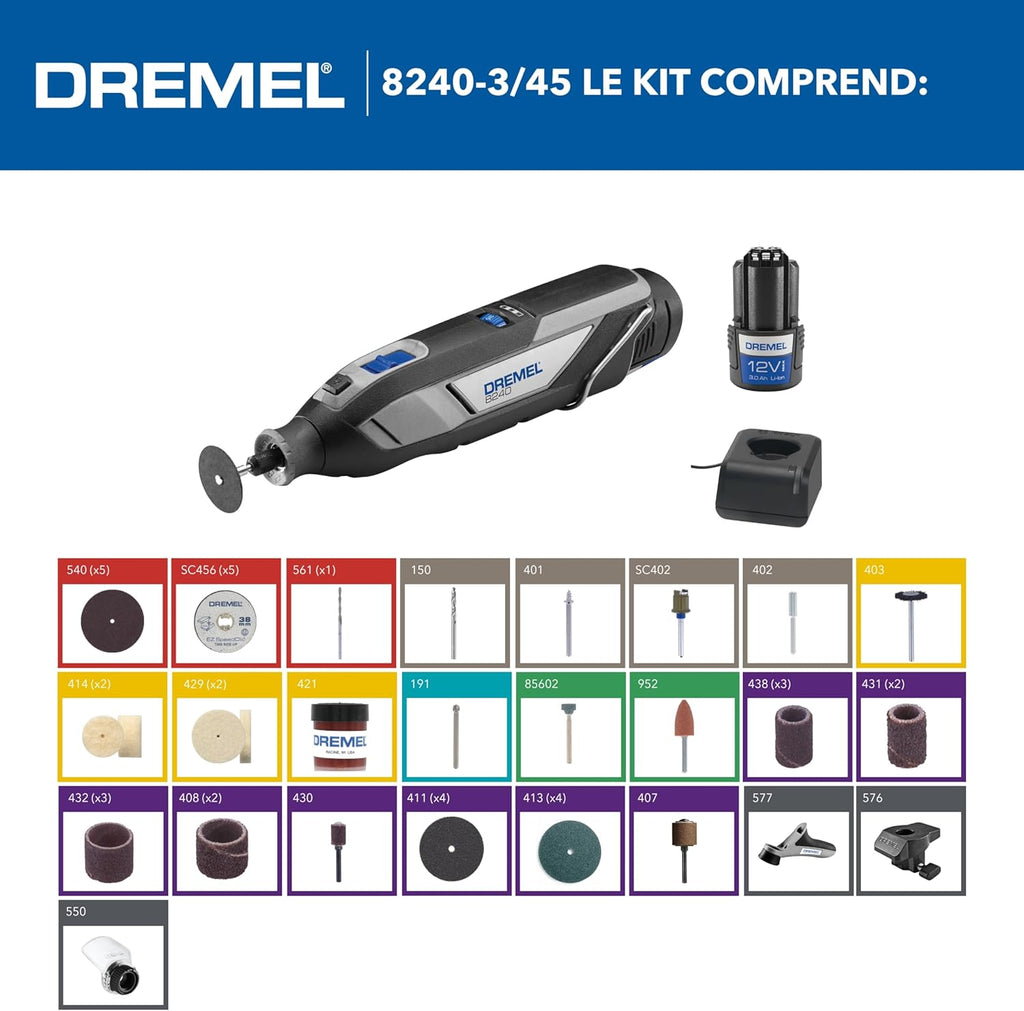 Dremel 8240 Outil Rotatif sans Fil, Batterie Lithium-Ion 12V 2Ah - Outil Multifonction & Coffret de 150 accessoires Dremel pour outils rotatifs pour graver, découper, poncer, meuler