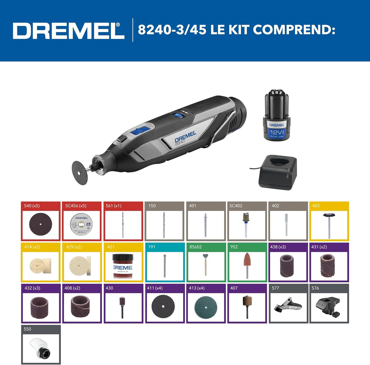 Dremel 8240 Outil Rotatif sans Fil, Batterie Lithium-Ion 12V 2Ah - Outil Multifonction & Coffret de 150 accessoires Dremel pour outils rotatifs pour graver, découper, poncer, meuler